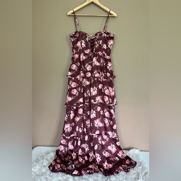 {Altar'd State} Stellni Floral Satin Tiered Maxi Gown Dress - Womens Medium - Picture 6 of 12